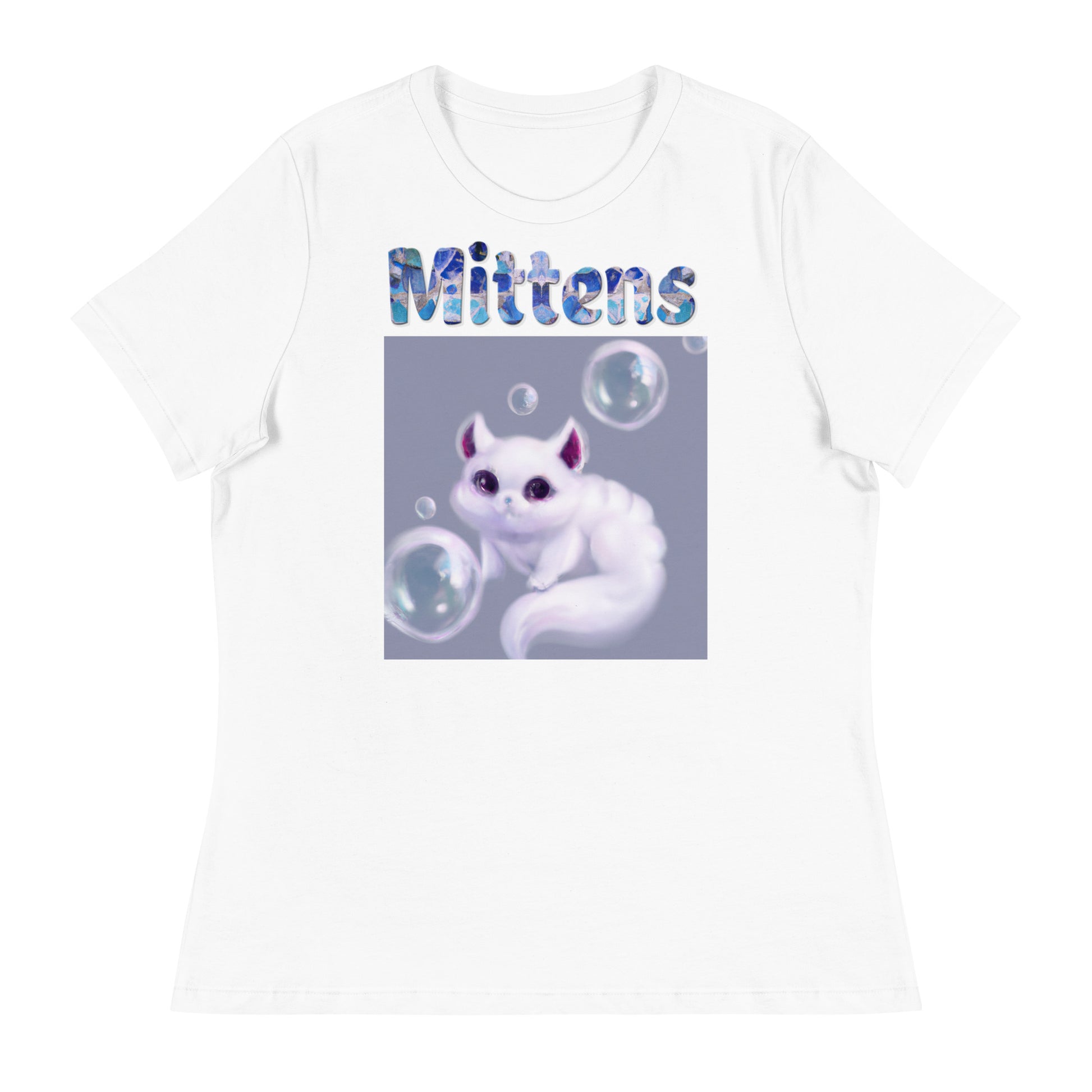 Women's White T-Shirt with Cat Playing With Soap Bubbles with a text "Mittens" at $25.97 found at Personalizedpetlovergifts