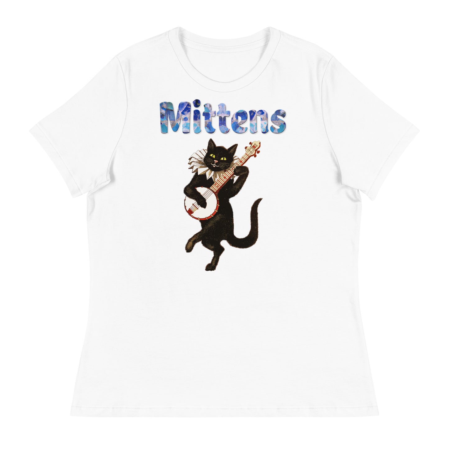 Women's White T-Shirt with Cat Playing a Banjo with a text "Mittens" at $25.97 found at Personalizedpetlovergifts