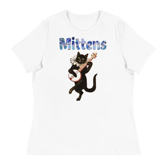 Women's White T-Shirt with Cat Playing a Banjo with a text "Mittens" at $25.97 found at Personalizedpetlovergifts