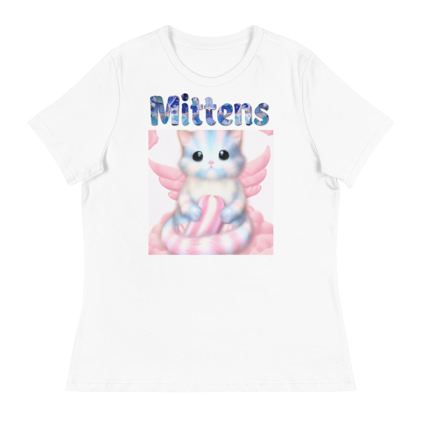 Women's White T-Shirt with Cat On Fluffy Cloud With Wings with a text "Mittens" at $25.97 found at Personalizedpetlovergifts