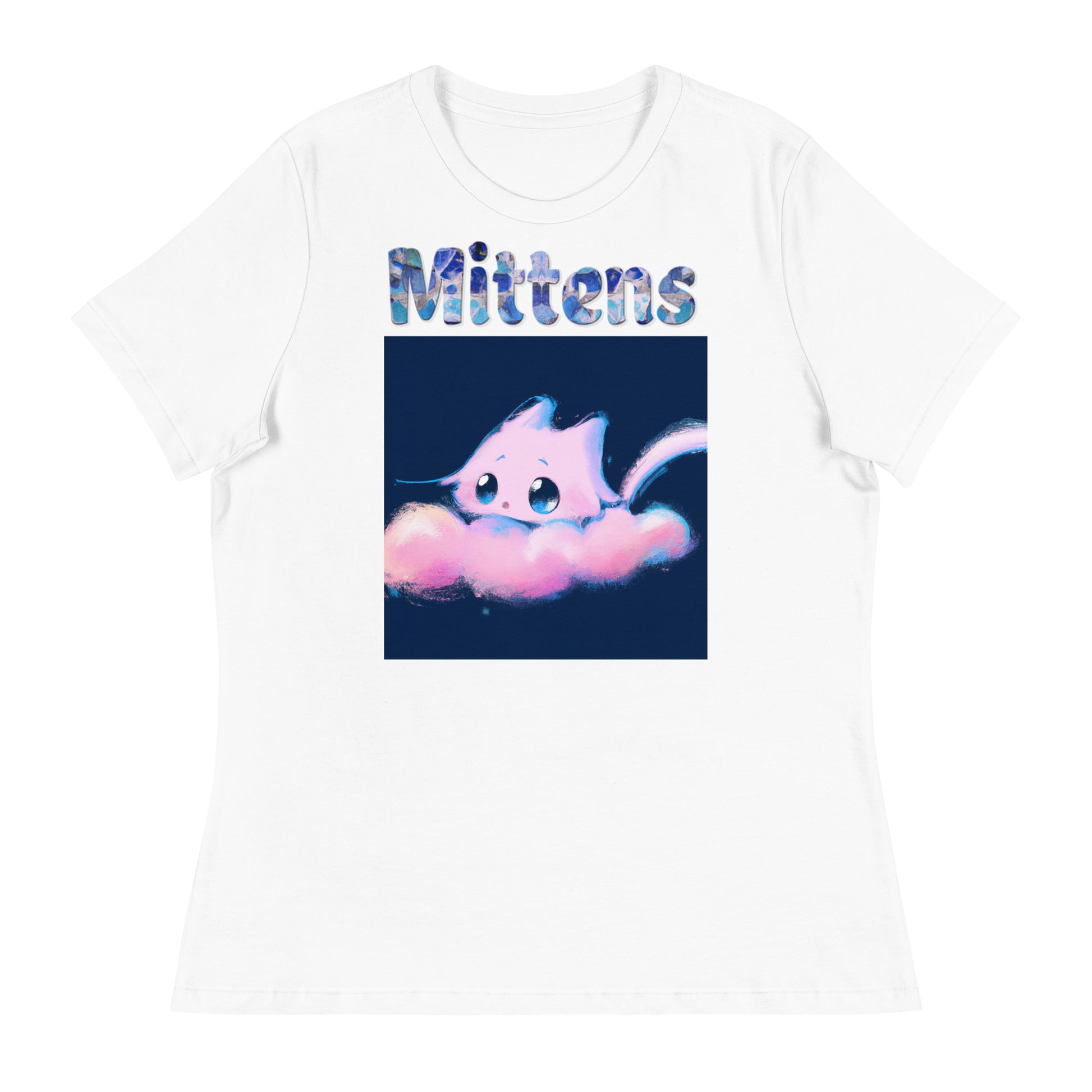 Women's White T-Shirt with Cat On a Pink Fluffy Cloud with a text "Mittens" at $25.97 found at Personalizedpetlovergifts