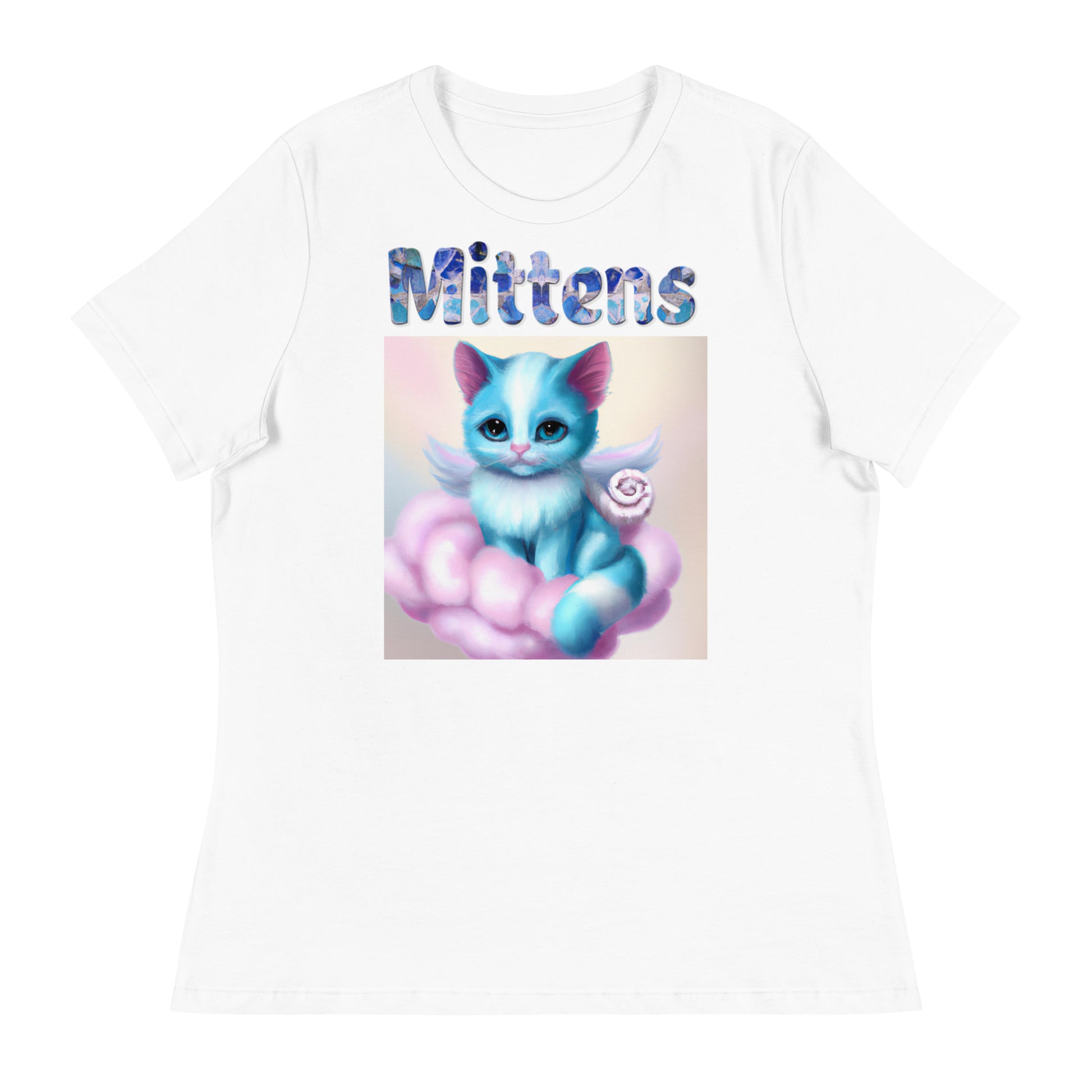 Women's White T-Shirt with Cat On a Pink Cloud with a text "Mittens" at $25.97 found at Personalizedpetlovergifts