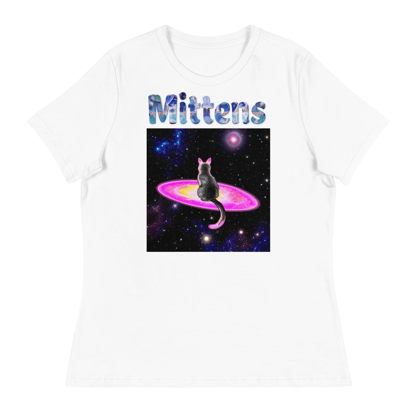 Women's White T-Shirt with Cat On a Galaxy with a text "Mittens" at $25.97 found at Personalizedpetlovergifts