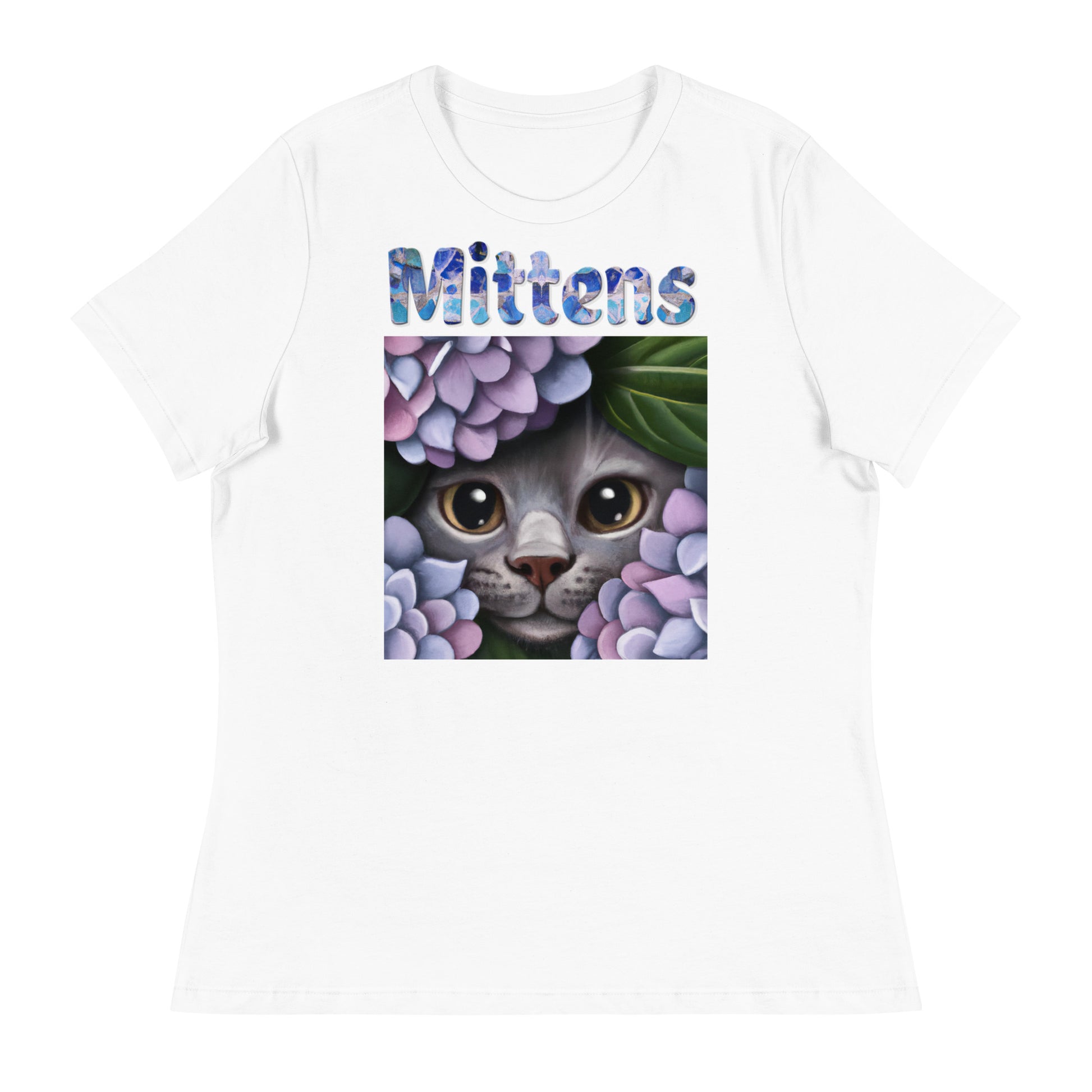 Women's White T-Shirt with Cat Looking Out Of Hydrangeas with a text "Mittens" at $25.97 found at Personalizedpetlovergifts