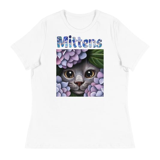 Women's White T-Shirt with Cat Looking Out Of Hydrangeas with a text "Mittens" at $25.97 found at Personalizedpetlovergifts