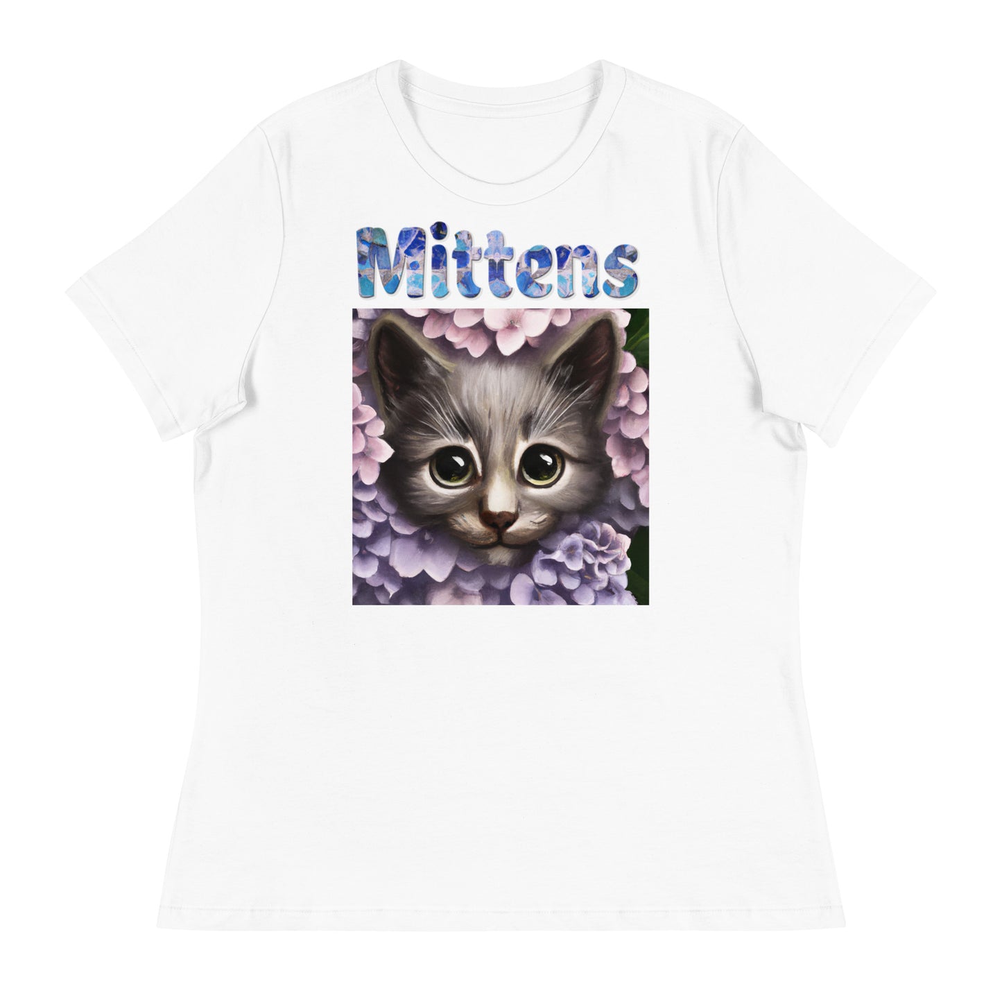 Women's White T-Shirt with Cat Looking Out Of Hydrangea Flowers with a text "Mittens" at $25.97 found at Personalizedpetlovergifts