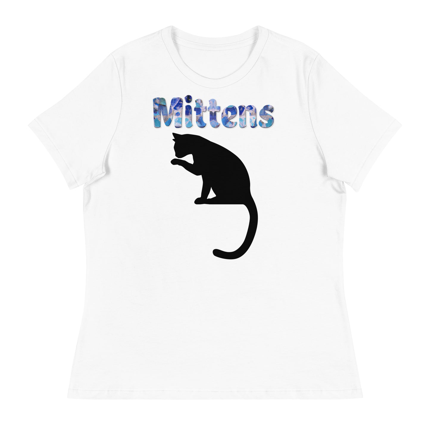 Women's White T-Shirt with Cat Licking Its Paw with a text "Mittens" at $25.97 found at Personalizedpetlovergifts