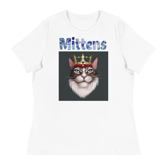 Women's White T-Shirt with Cat King with a text "Mittens" at $25.97 found at Personalizedpetlovergifts