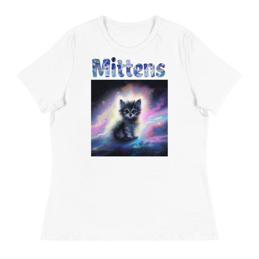 Women's White T-Shirt with Cat In The Space with a text "Mittens" at $25.97 found at Personalizedpetlovergifts