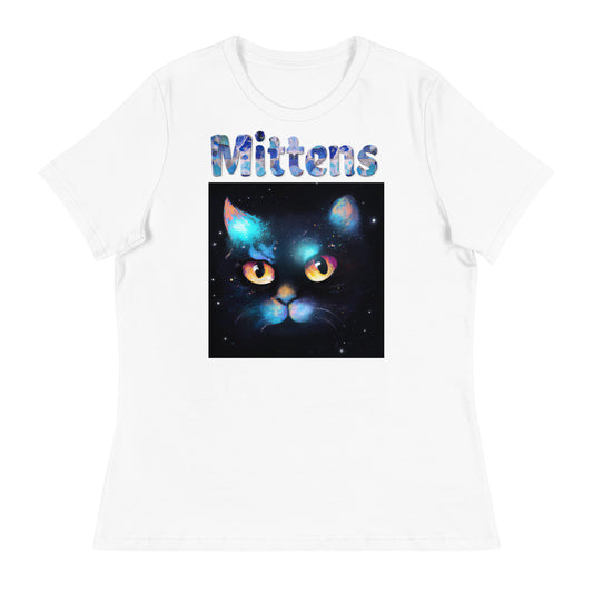 Women's White T-Shirt with Cat In Space with a text "Mittens" at $25.97 found at Personalizedpetlovergifts