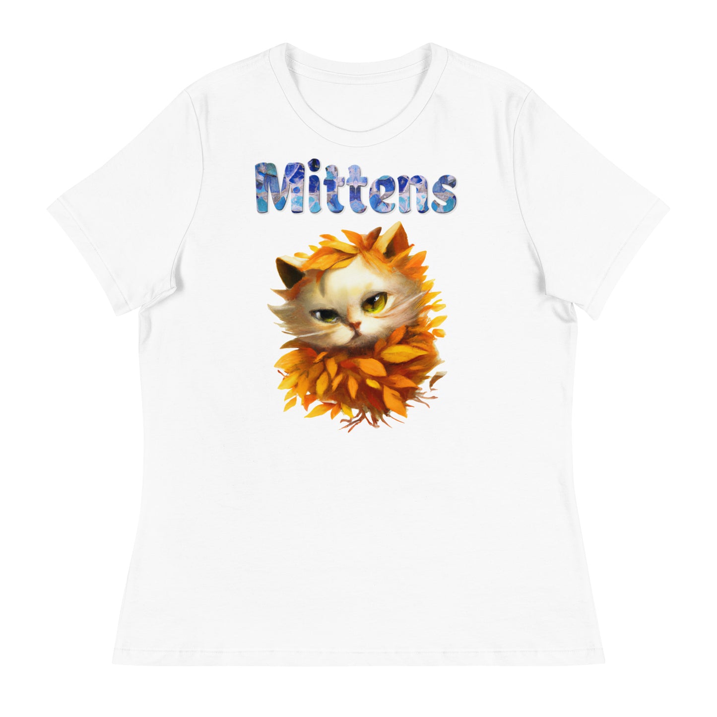 Women's White T-Shirt with Cat In Orange Autumn Leaves with a text "Mittens" at $25.97 found at Personalizedpetlovergifts