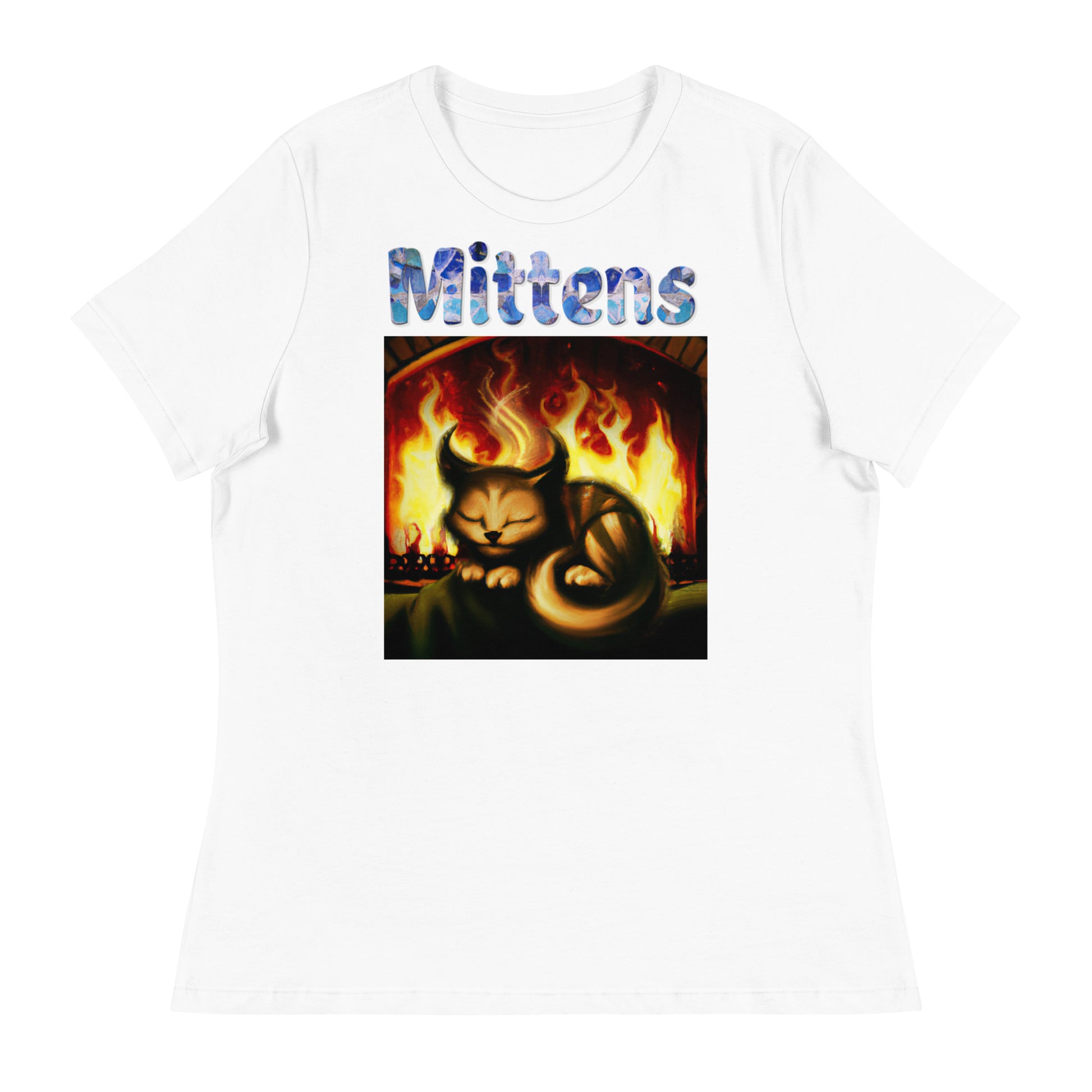 Women's White T-Shirt with Cat In Front Of a Fireplace with a text "Mittens" at $25.97 found at Personalizedpetlovergifts