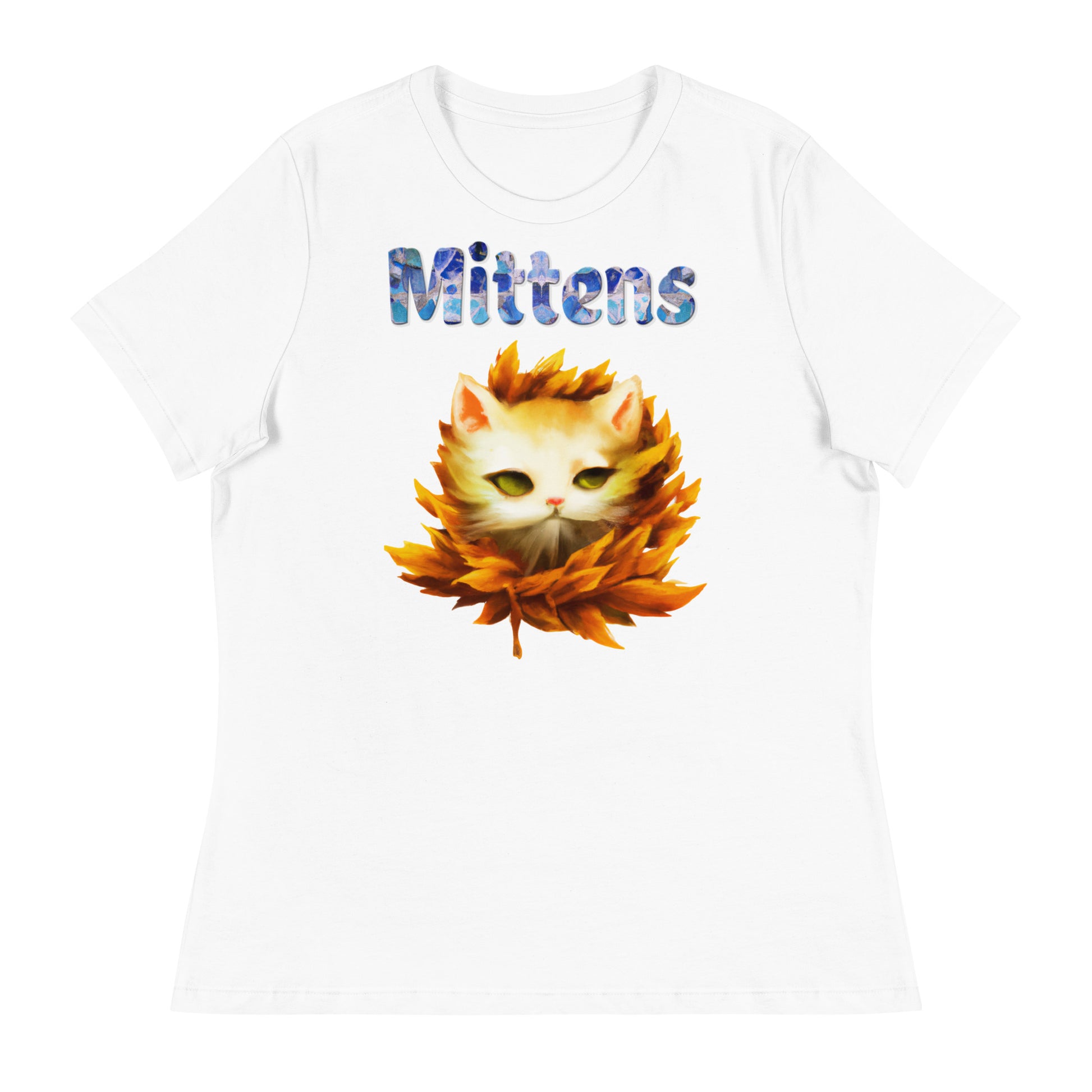 Women's White T-Shirt with Cat In Falling Leaves with a text "Mittens" at $25.97 found at Personalizedpetlovergifts