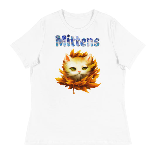 Women's White T-Shirt with Cat In Falling Leaves with a text "Mittens" at $25.97 found at Personalizedpetlovergifts