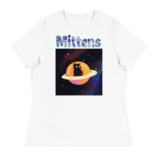 Women's White T-Shirt with Cat In a Saturn with a text "Mittens" at $25.97 found at Personalizedpetlovergifts