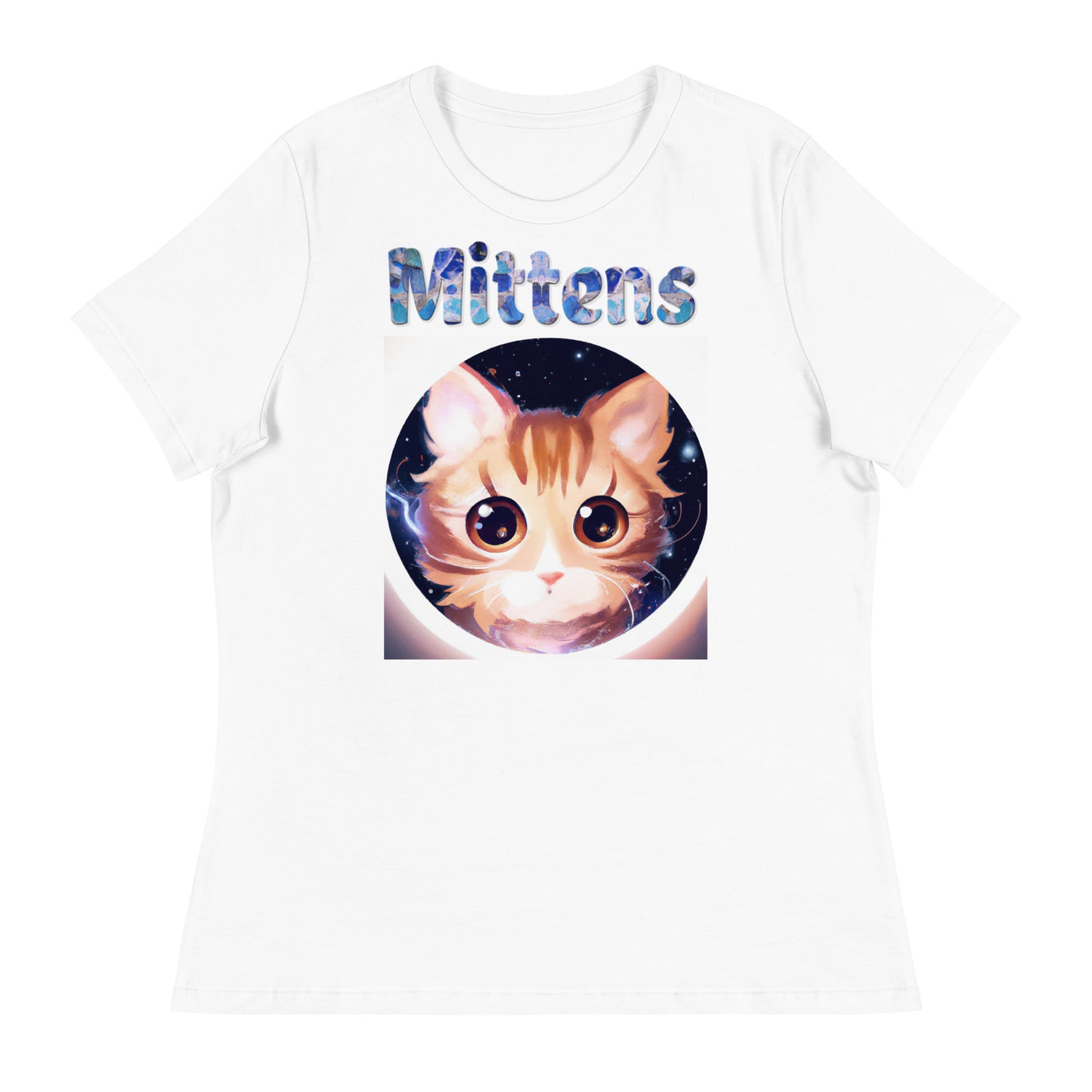 Women's White T-Shirt with Cat In a Galaxy Circle with a text "Mittens" at $25.97 found at Personalizedpetlovergifts