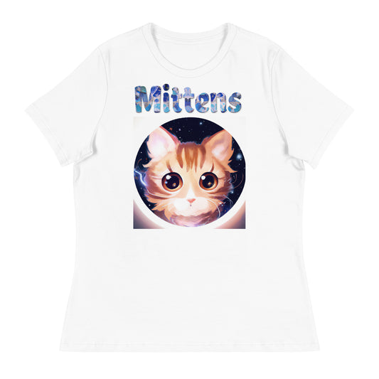 Women's White T-Shirt with Cat In a Galaxy Circle with a text "Mittens" at $25.97 found at Personalizedpetlovergifts