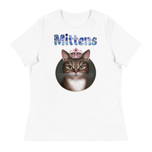 Women's White T-Shirt with Cat In a Circle With a Tiara with a text "Mittens" at $25.97 found at Personalizedpetlovergifts