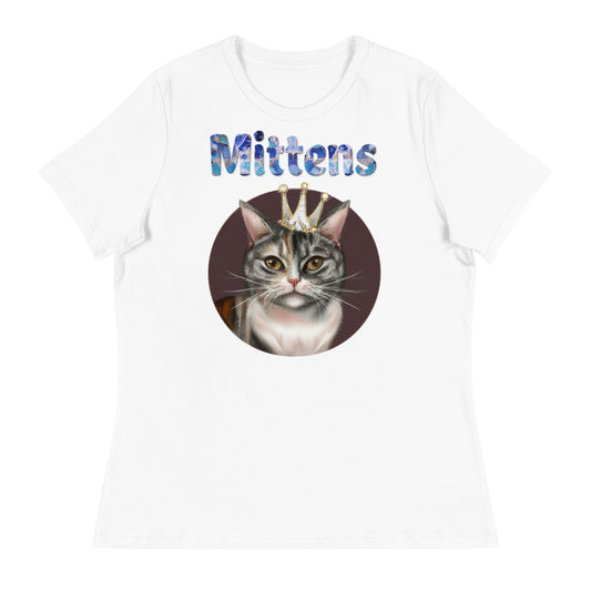 Women's White T-Shirt with Cat In a Circle With a Crown with a text "Mittens" at $25.97 found at Personalizedpetlovergifts