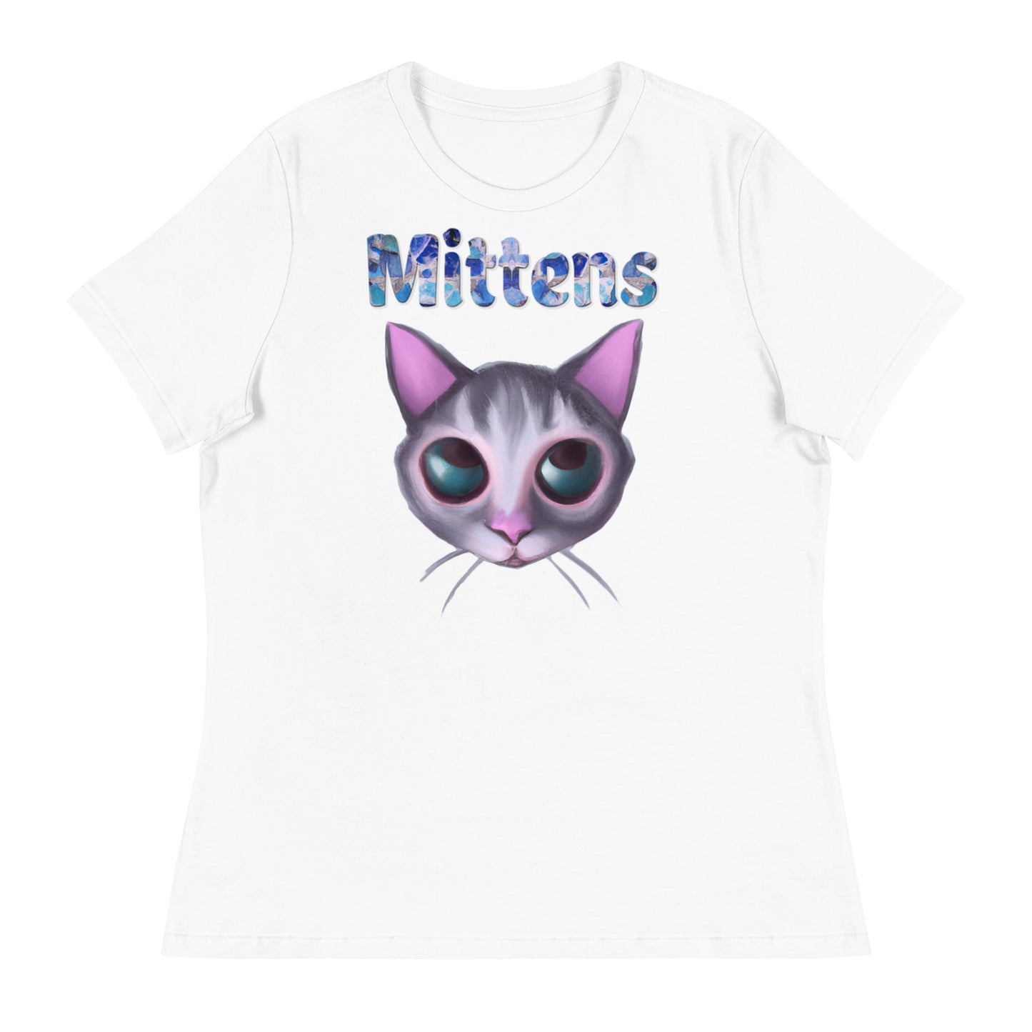 Women's White T-Shirt with Cat Face with a text "Mittens" at $25.97 found at Personalizedpetlovergifts