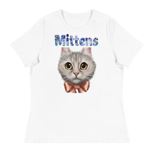 Women's White T-Shirt with Cat Face With Orange Bow with a text "Mittens" at $25.97 found at Personalizedpetlovergifts