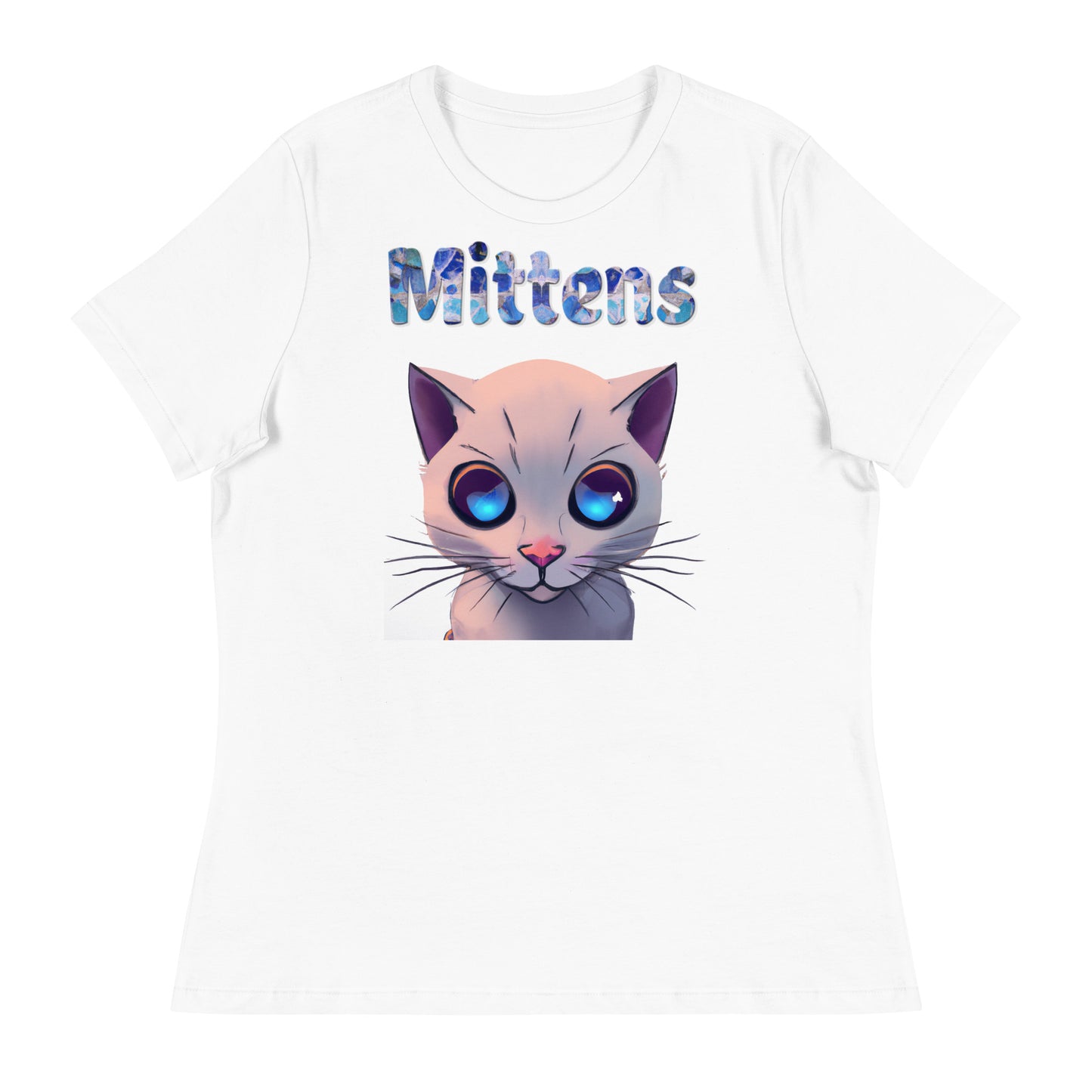 Women's White T-Shirt with Cat Face With Blue Eyes with a text "Mittens" at $25.97 found at Personalizedpetlovergifts