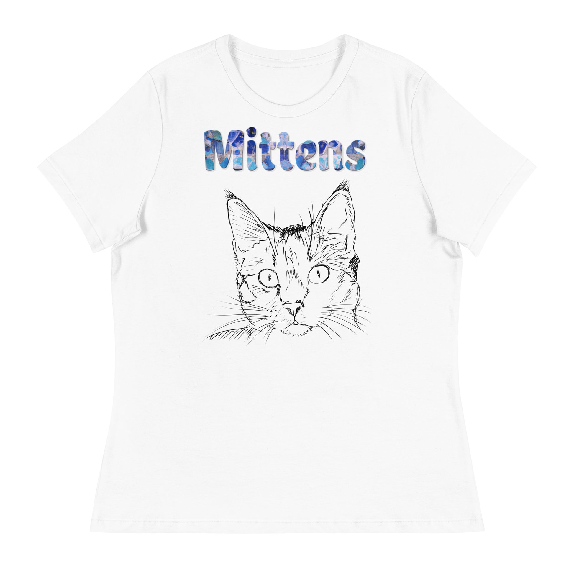 Women's White T-Shirt with Cat Face Line Art with a text "Mittens" at $25.97 found at Personalizedpetlovergifts