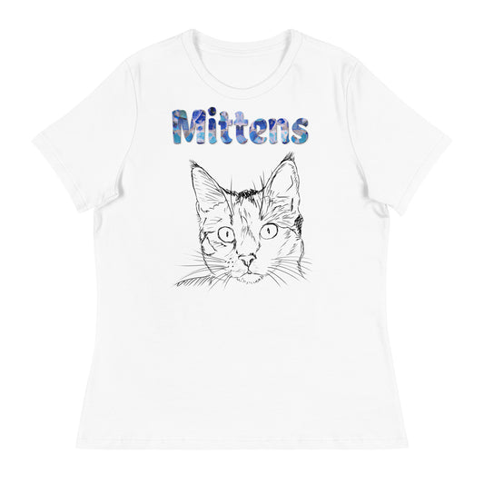 Women's White T-Shirt with Cat Face Line Art with a text "Mittens" at $25.97 found at Personalizedpetlovergifts