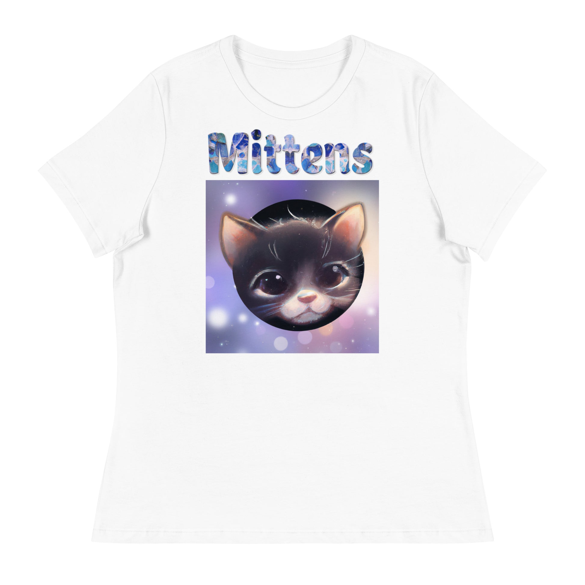 Women's White T-Shirt with Cat Face In a Circle with a text "Mittens" at $25.97 found at Personalizedpetlovergifts