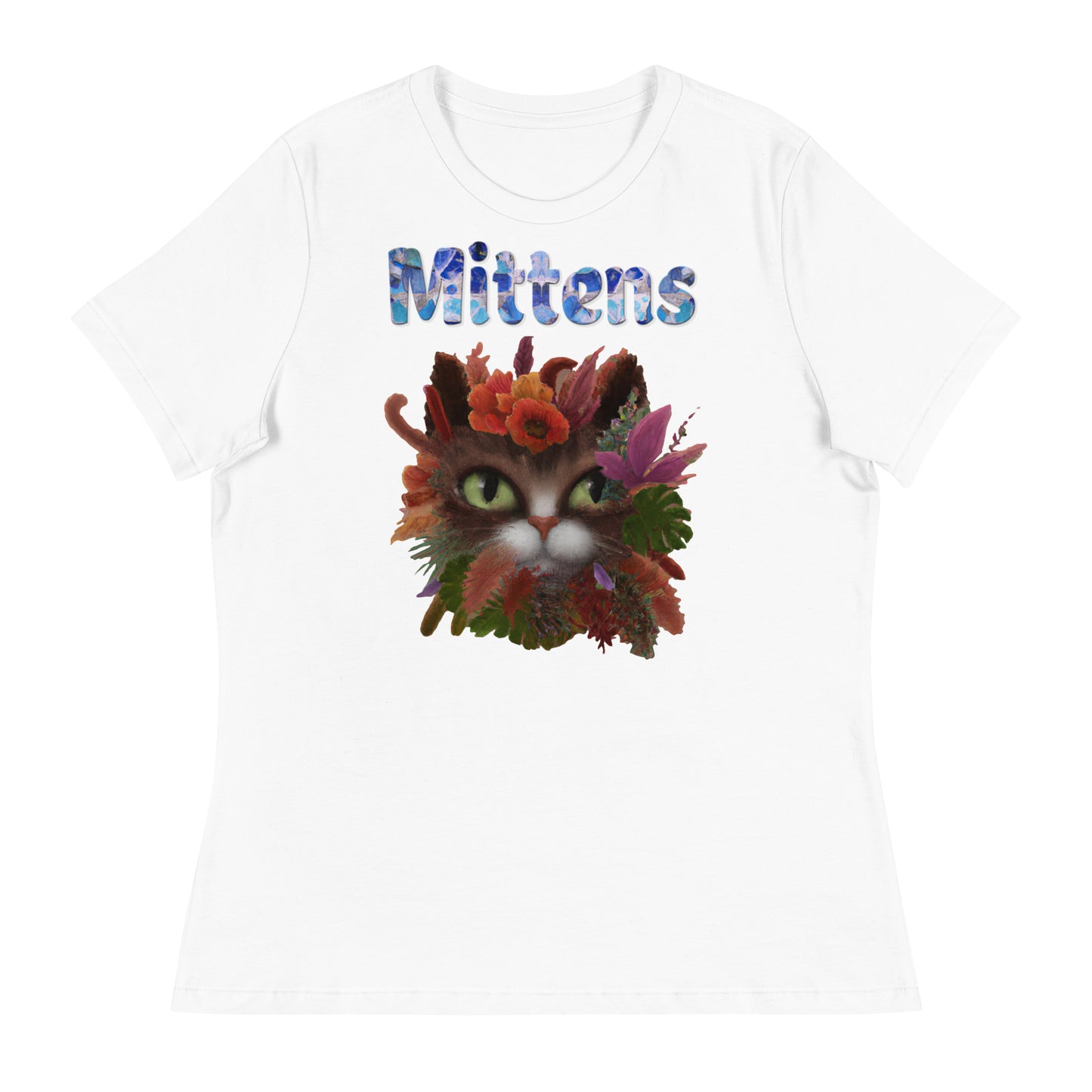 Women's White T-Shirt with Cat Face Covered In Flowers with a text "Mittens" at $25.97 found at Personalizedpetlovergifts