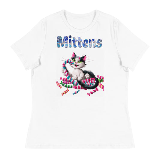 Women's White T-Shirt with Cat Eating Candies with a text "Mittens" at $25.97 found at Personalizedpetlovergifts