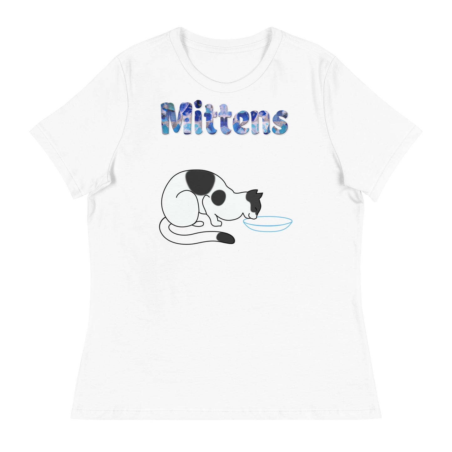 Women's White T-Shirt with Cat Drinking Milk with a text "Mittens" at $25.97 found at Personalizedpetlovergifts