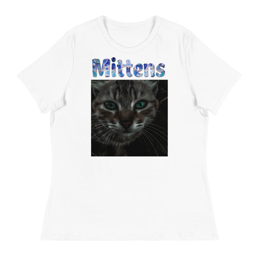 Women's White T-Shirt with Cat Closeup with a text "Mittens" at $25.97 found at Personalizedpetlovergifts