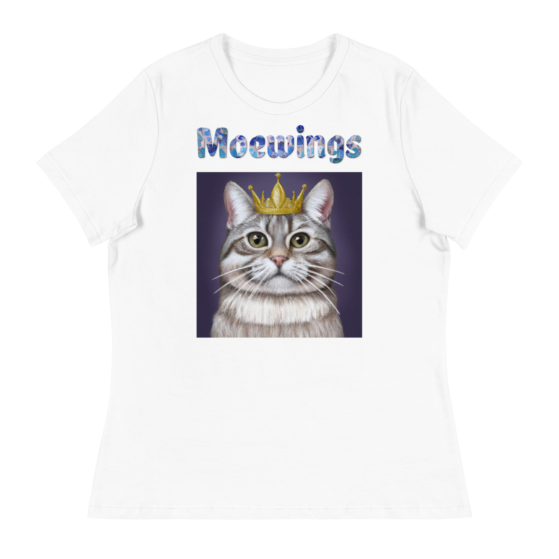 Women's White T-Shirt with Cat With a Crown with a text "Moewings" at $25.97 found at Personalizedpetlovergifts