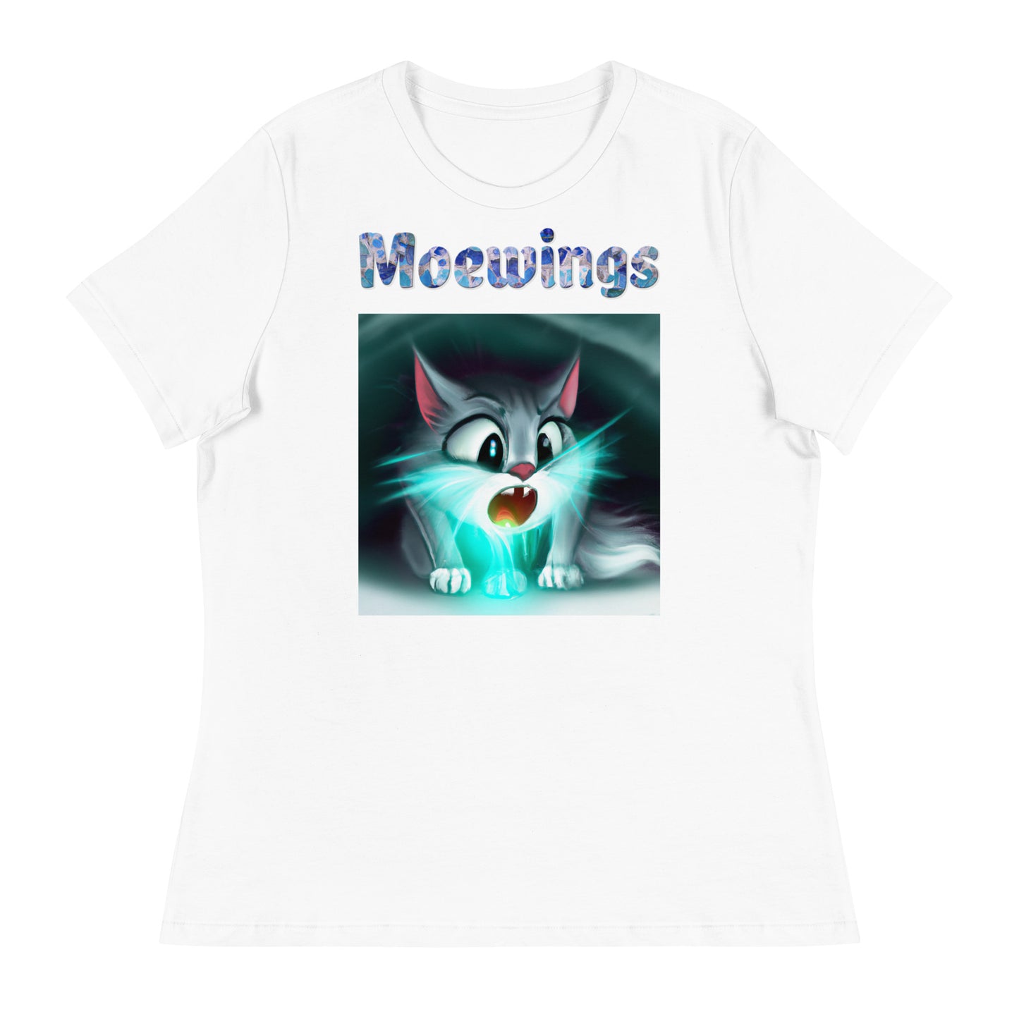 Women's White T-Shirt with Cat With a Blue Light with a text "Moewings" at $25.97 found at Personalizedpetlovergifts