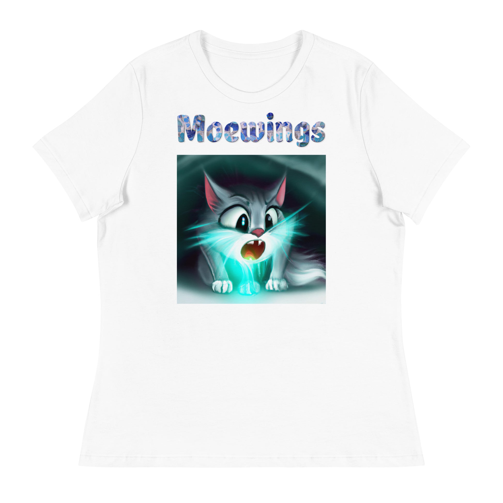 Women's White T-Shirt with Cat With a Blue Light with a text "Moewings" at $25.97 found at Personalizedpetlovergifts