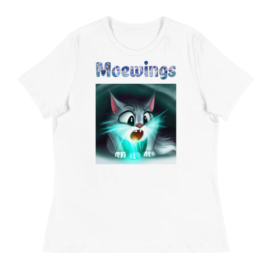 Women's White T-Shirt with Cat With a Blue Light with a text "Moewings" at $25.97 found at Personalizedpetlovergifts