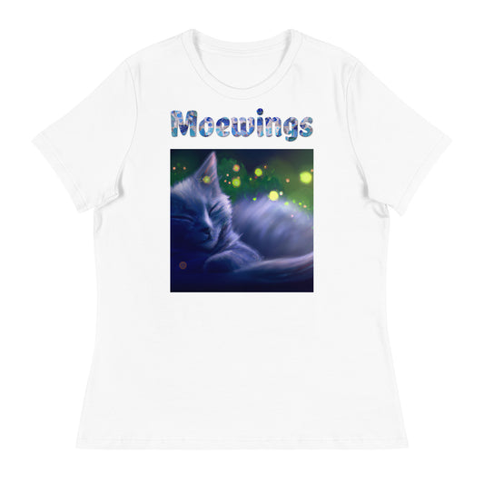 Women's White T-Shirt with Cat Sleeping with a text "Moewings" at $25.97 found at Personalizedpetlovergifts