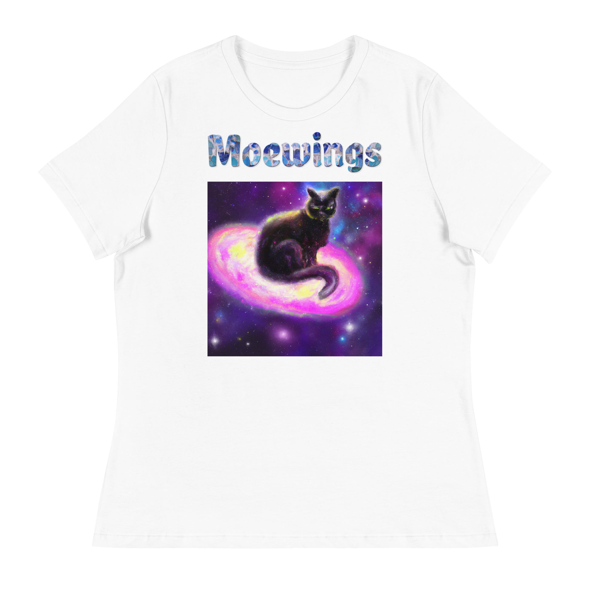 Women's White T-Shirt with Cat Sitting On A Galaxy with a text "Moewings" at $25.97 found at Personalizedpetlovergifts