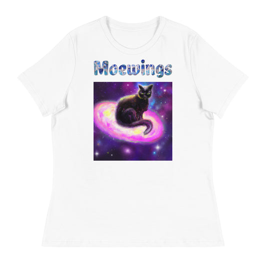 Women's White T-Shirt with Cat Sitting On A Galaxy with a text "Moewings" at $25.97 found at Personalizedpetlovergifts