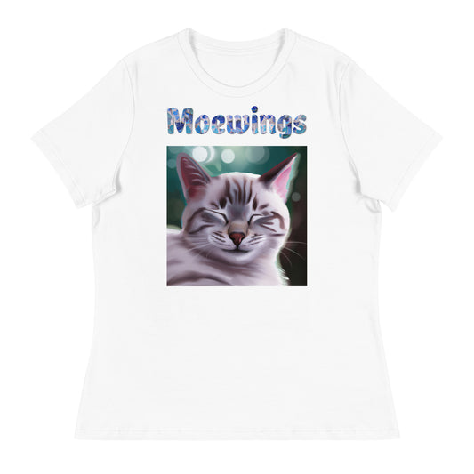 Women's White T-Shirt with Cat Purring with a text "Moewings" at $25.97 found at Personalizedpetlovergifts