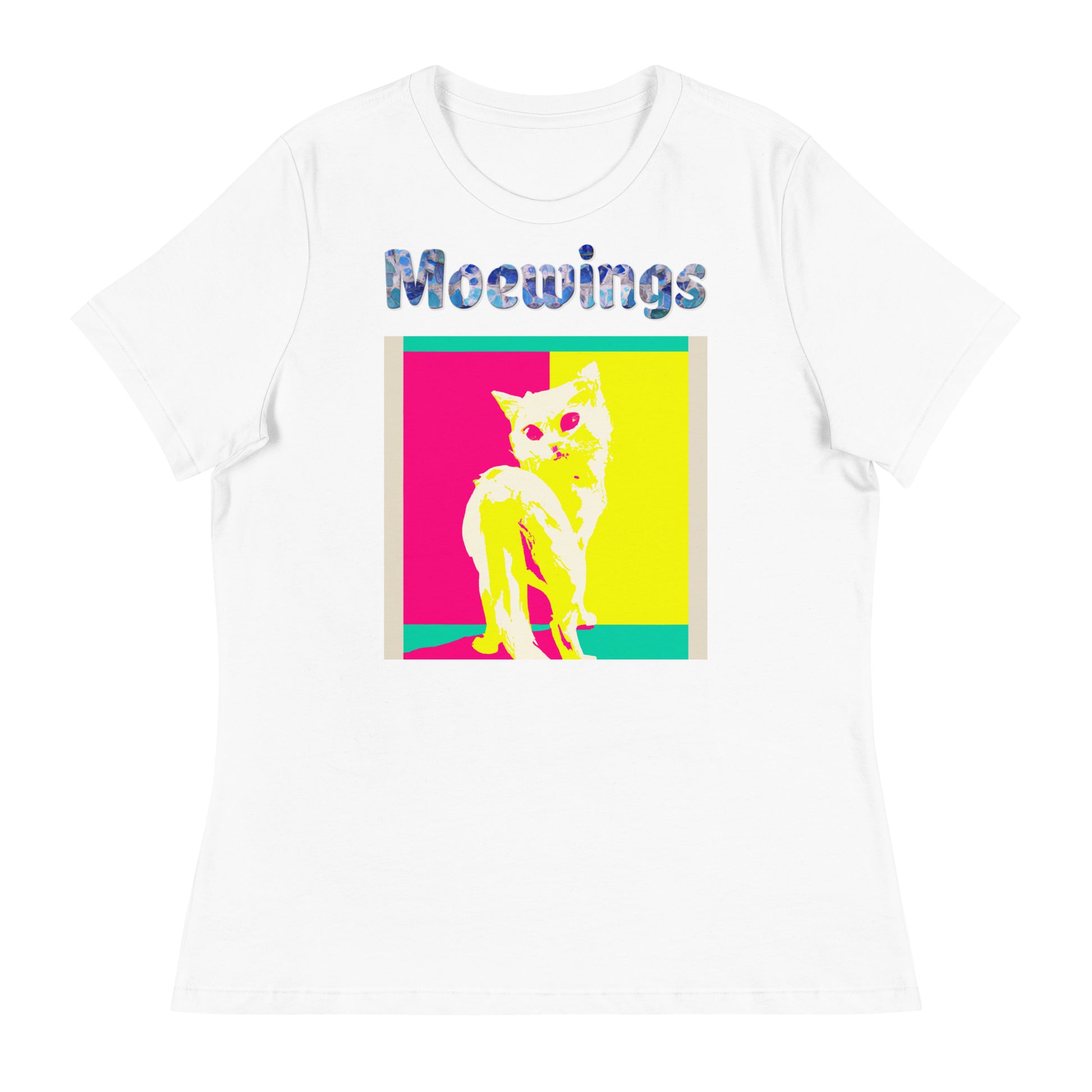 Women's White T-Shirt with Cat Poster Art with a text "Moewings" at $25.97 found at Personalizedpetlovergifts