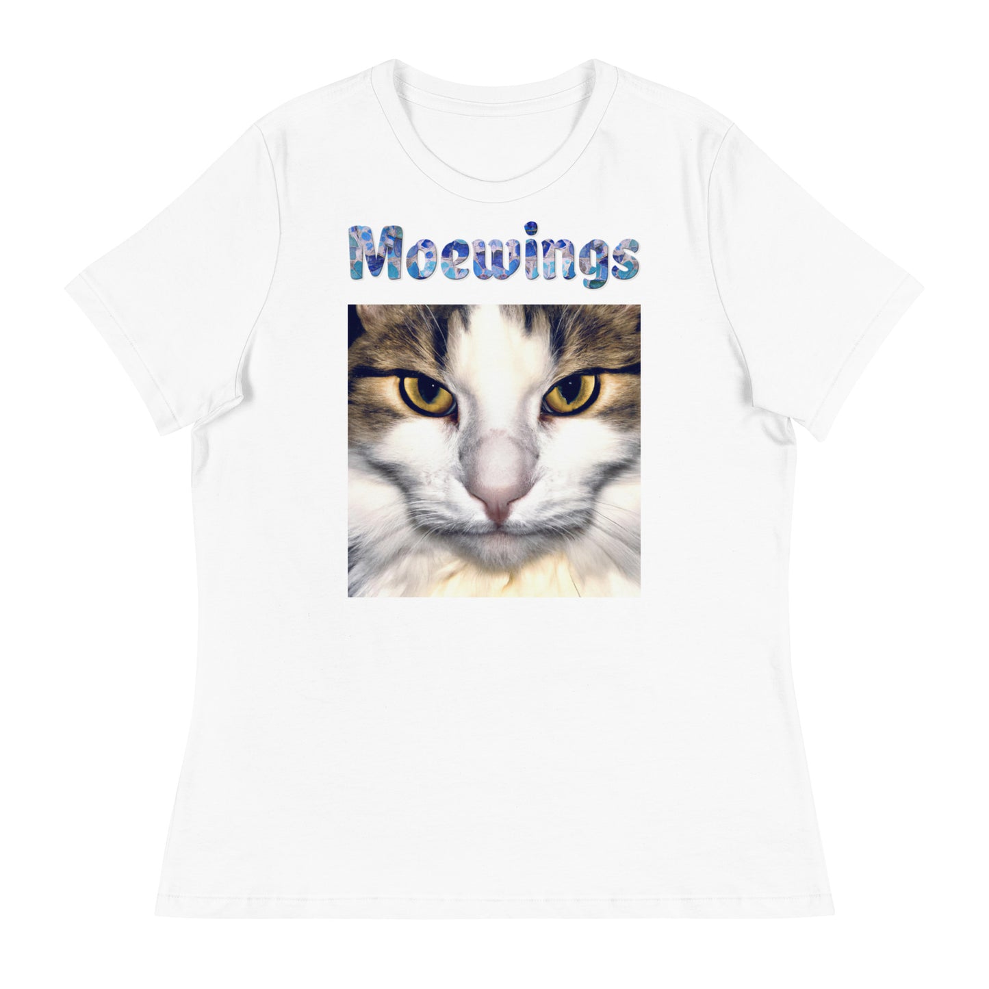 Women's White T-Shirt with Cat Portrait with a text "Moewings" at $25.97 found at Personalizedpetlovergifts