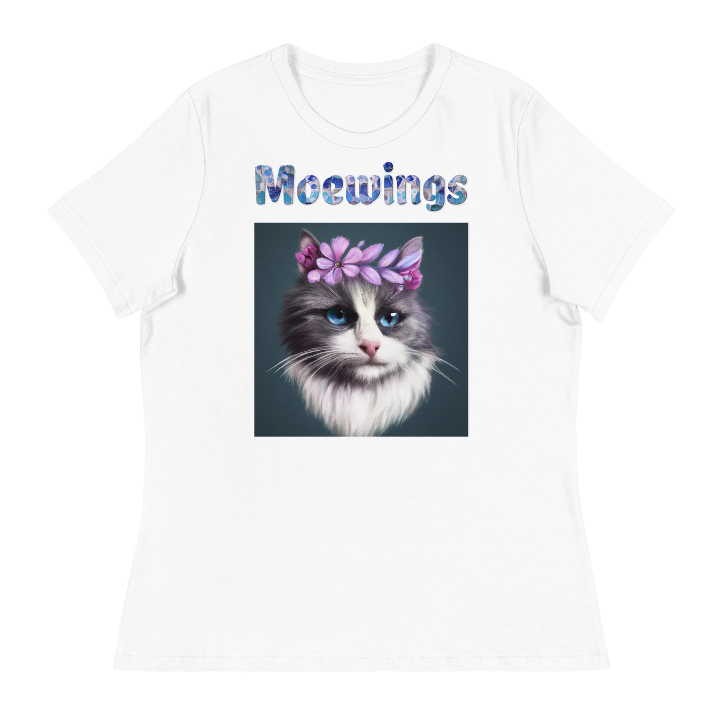 Women's White T-Shirt with Cat Portrait With Purple Flowers with a text "Moewings" at $25.97 found at Personalizedpetlovergifts