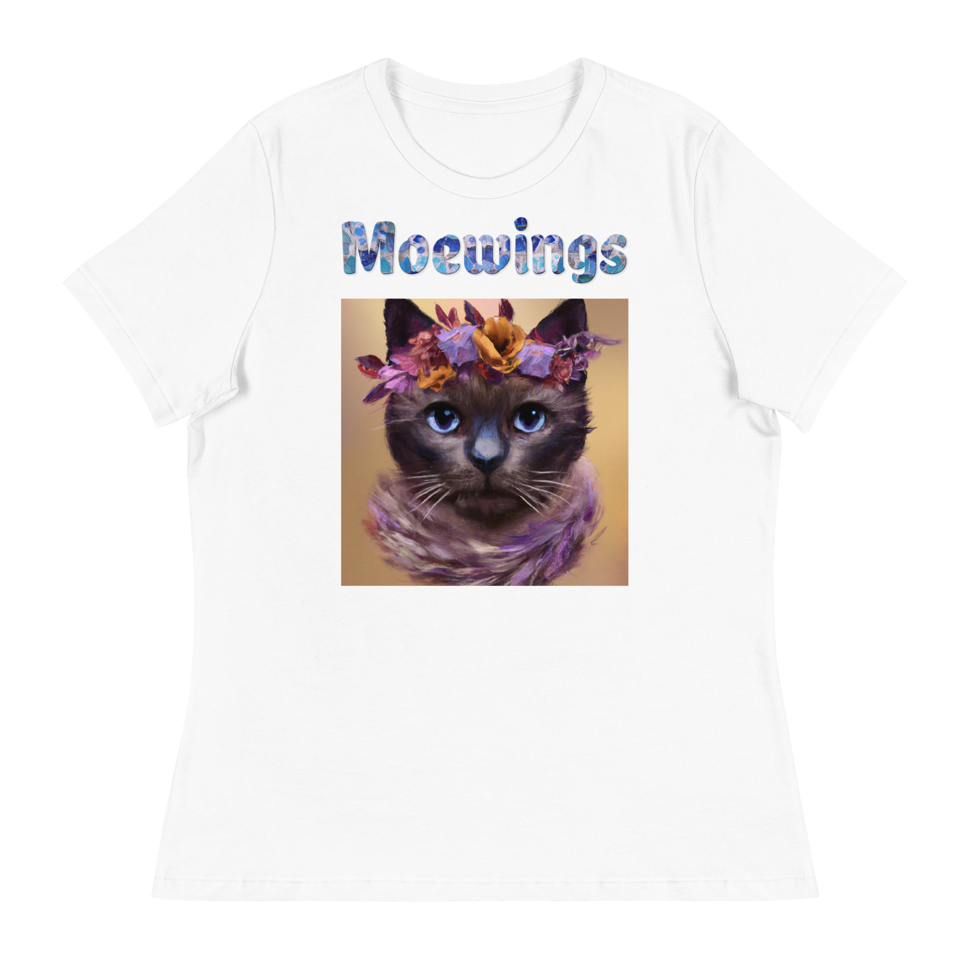 Women's White T-Shirt with Cat Portrait With Flowers And Blue Eyes with a text "Moewings" at $25.97 found at Personalizedpetlovergifts