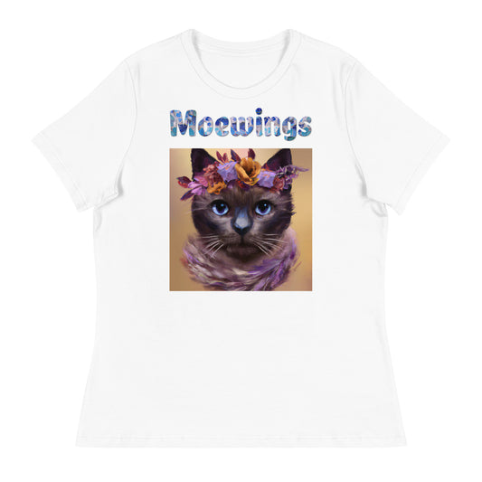 Women's White T-Shirt with Cat Portrait With Flowers And Blue Eyes with a text "Moewings" at $25.97 found at Personalizedpetlovergifts