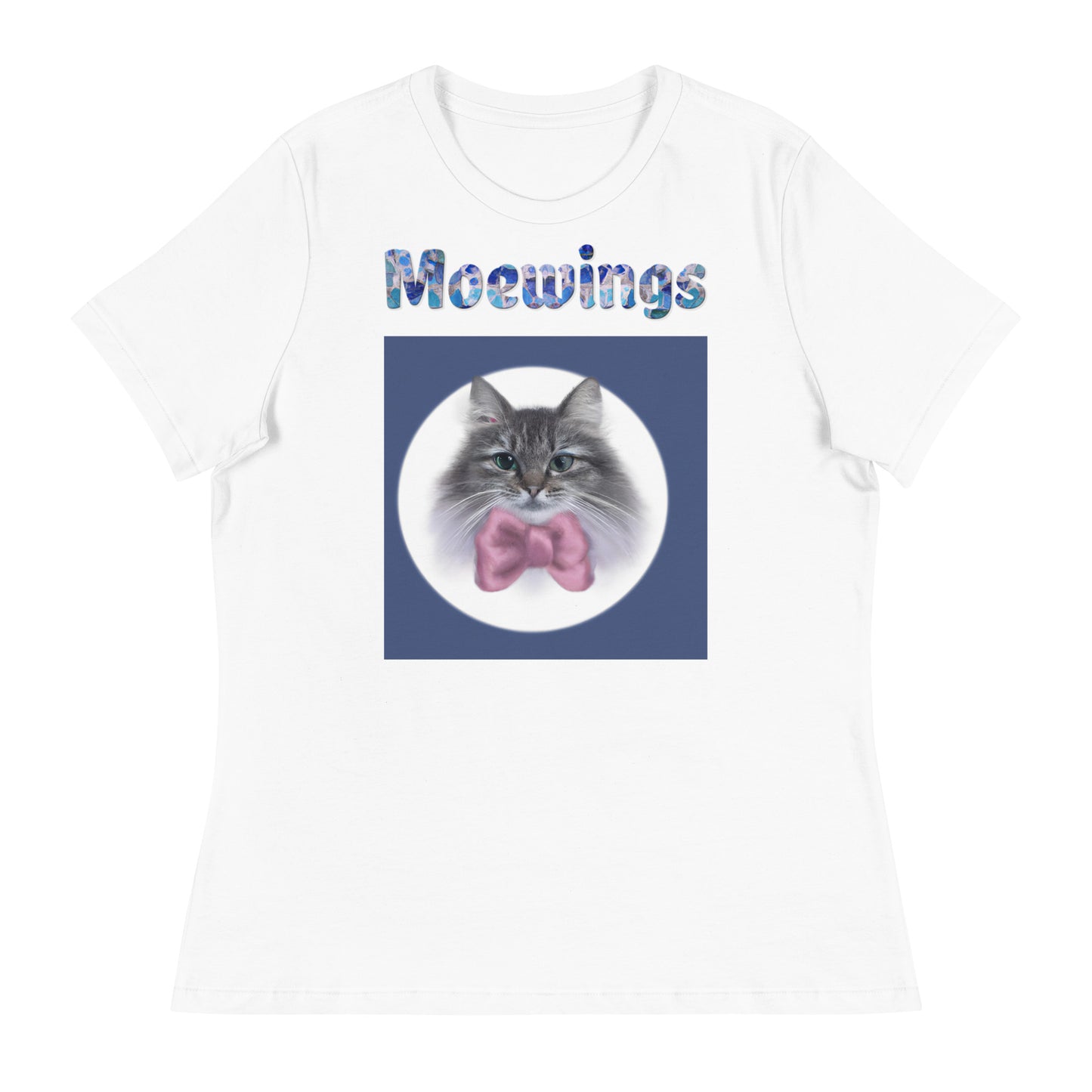 Women's White T-Shirt with Cat Portrait With a Pink Bow with a text "Moewings" at $25.97 found at Personalizedpetlovergifts