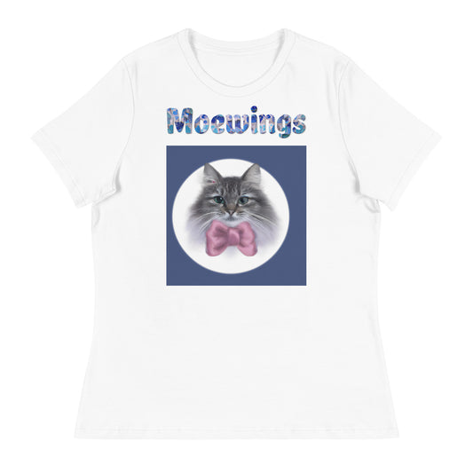 Women's White T-Shirt with Cat Portrait With a Pink Bow with a text "Moewings" at $25.97 found at Personalizedpetlovergifts