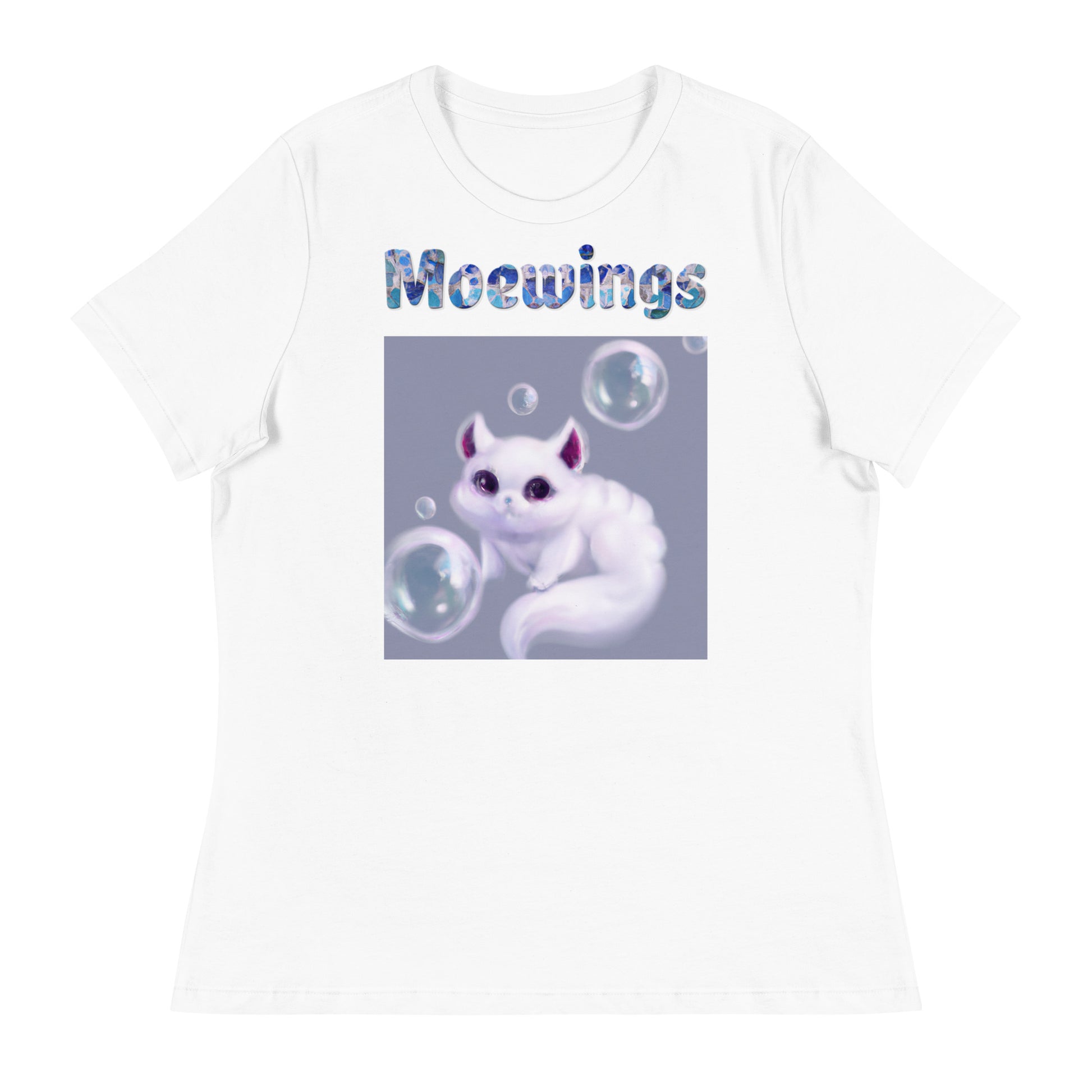 Women's White T-Shirt with Cat Playing With Soap Bubbles with a text "Moewings" at $25.97 found at Personalizedpetlovergifts