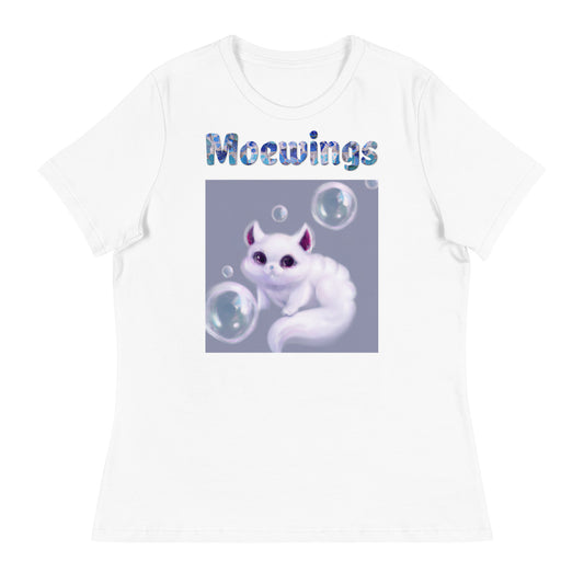 Women's White T-Shirt with Cat Playing With Soap Bubbles with a text "Moewings" at $25.97 found at Personalizedpetlovergifts